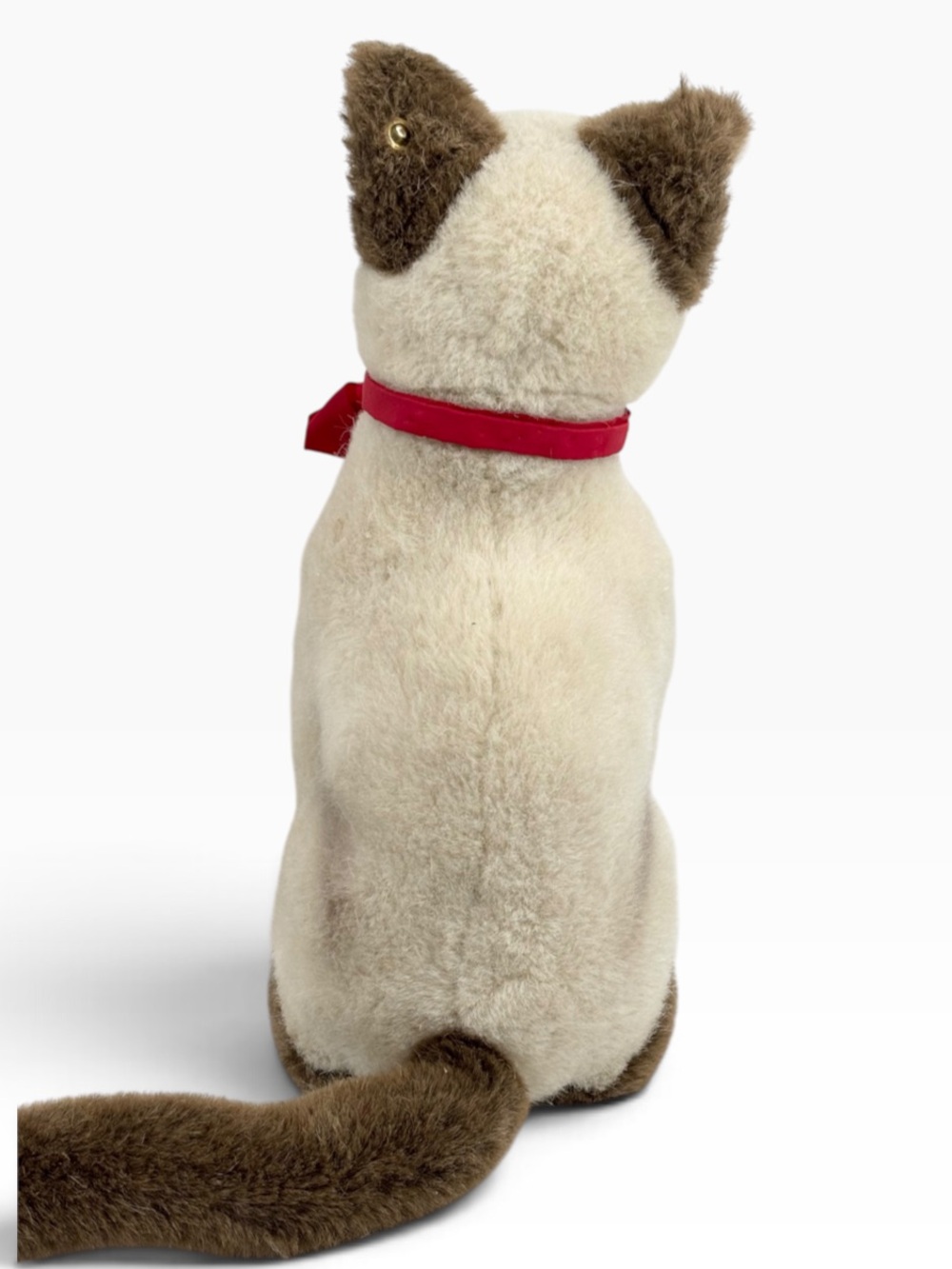 Vintage Steiff Mohair Sitting 10” Tall Cream Brown Siamese Cat Blue Eyes Red Bow - Picture 8 of 12